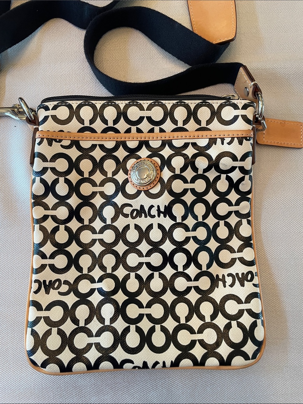 Coach Black & Cream Signature Crossbody with Tan Trim